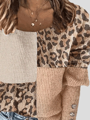 Women's T-Shirts Round Neck Button Leopard Print Long Sleeve T-Shirt
