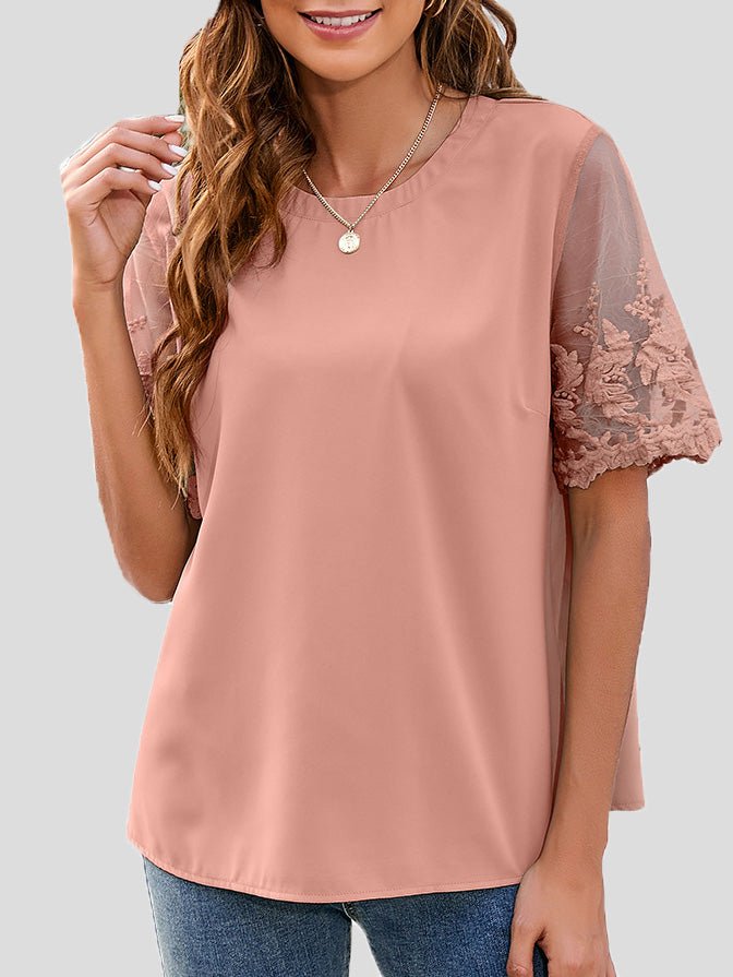 Women's T-Shirts Round Neck Lace Short Sleeve Chiffon T-Shirt