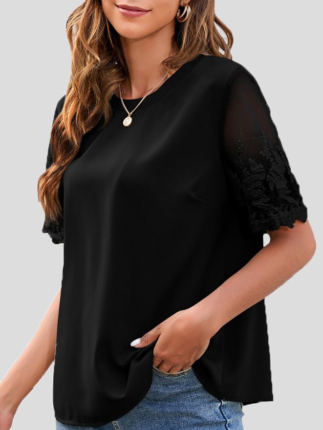 Women's T-Shirts Round Neck Lace Short Sleeve Chiffon T-Shirt