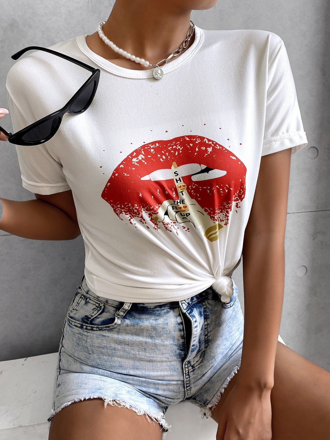 Women's T-Shirts Round Neck Lip Print Short Sleeve T-Shirt