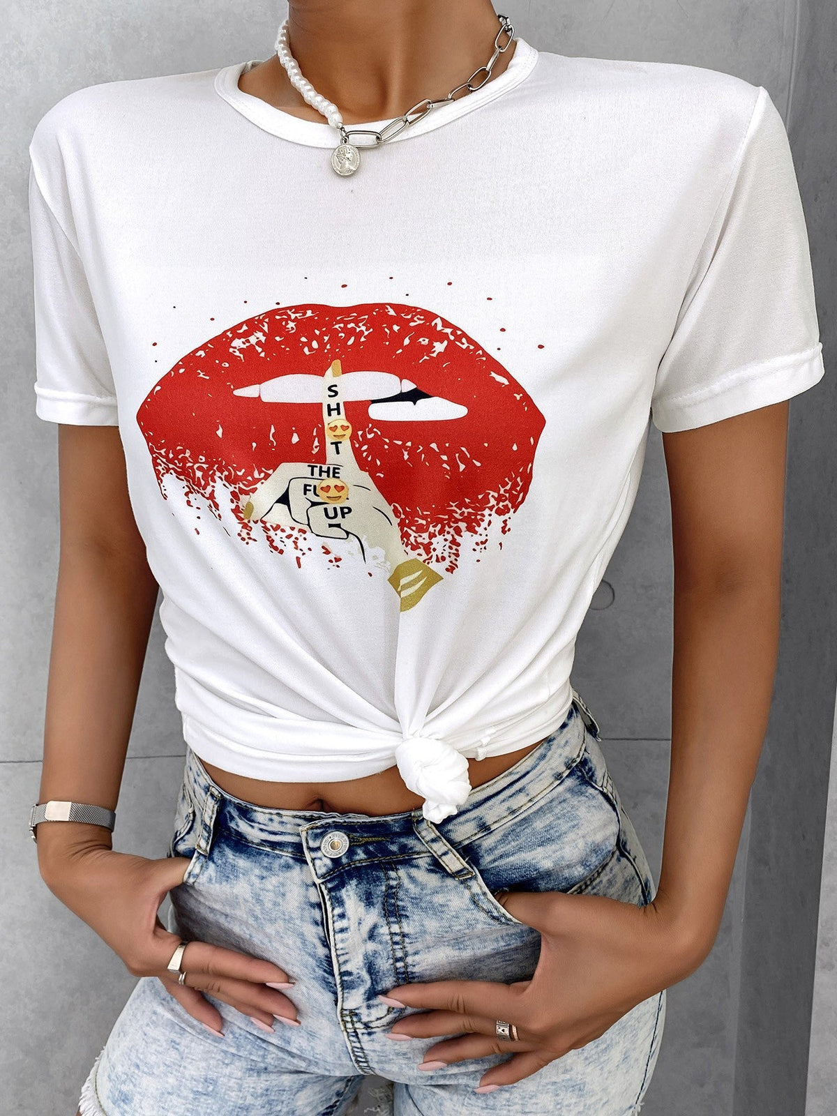Women's T-Shirts Round Neck Lip Print Short Sleeve T-Shirt