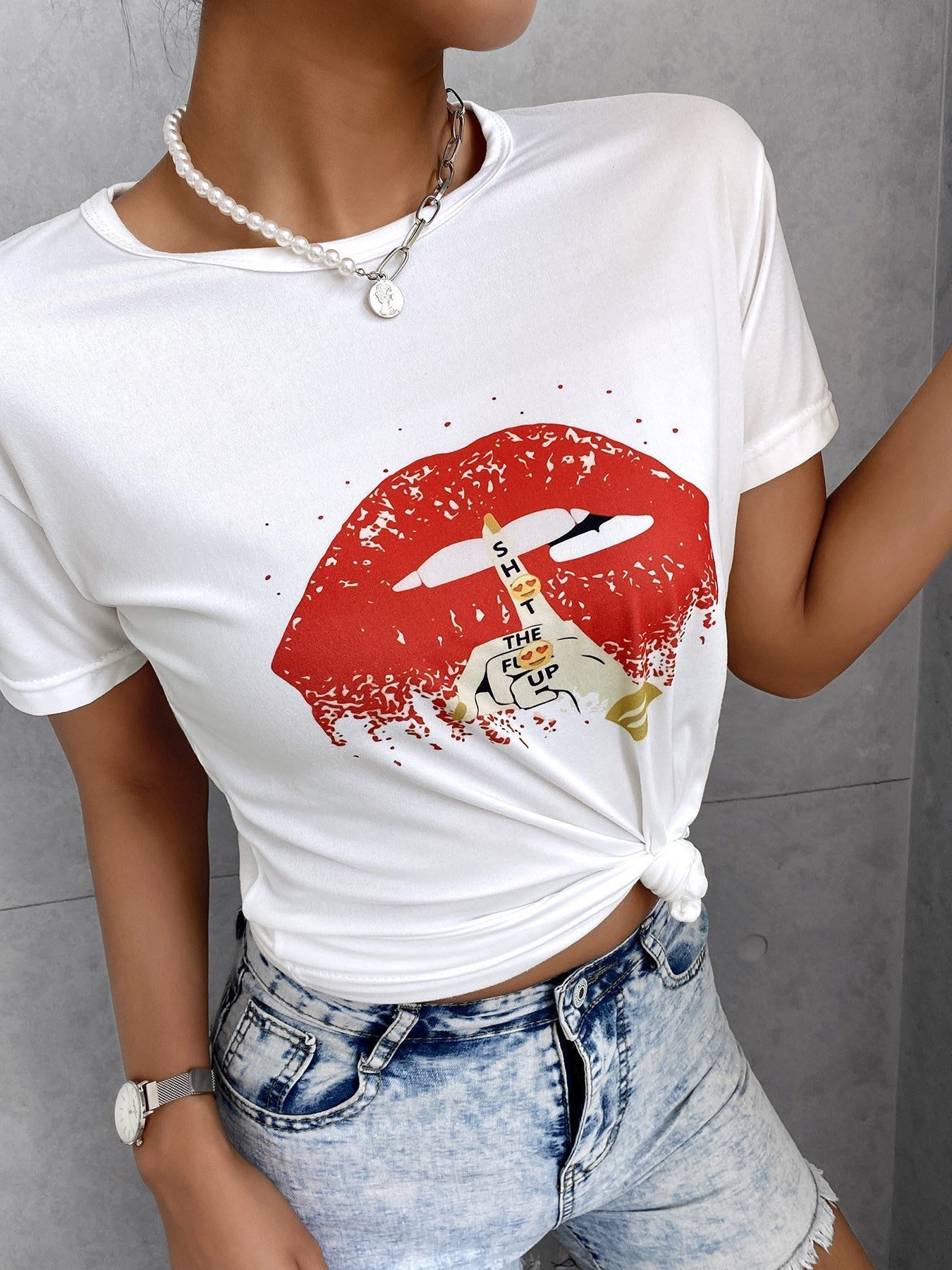 Women's T-Shirts Round Neck Lip Print Short Sleeve T-Shirt