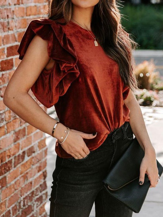 Women's T-Shirts Round Neck Ruffled Short Sleeve T-Shirt