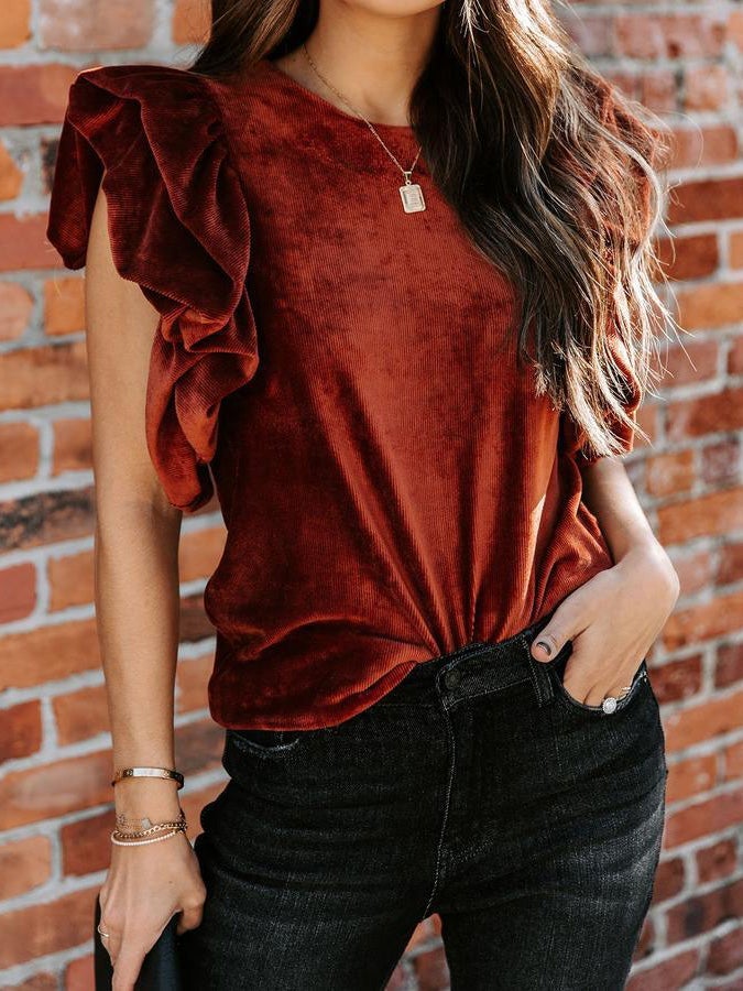 Women's T-Shirts Round Neck Ruffled Short Sleeve T-Shirt