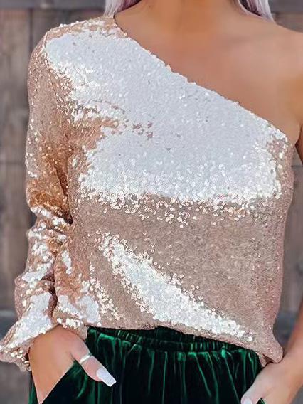 Women's T-Shirts Sequin Slanted Shoulder Slim Long Sleeve T-Shirt