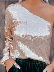 Women's T-Shirts Sequin Slanted Shoulder Slim Long Sleeve T-Shirt