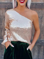 Women's T-Shirts Sequin Slanted Shoulder Slim Long Sleeve T-Shirt