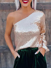 Women's T-Shirts Sequin Slanted Shoulder Slim Long Sleeve T-Shirt