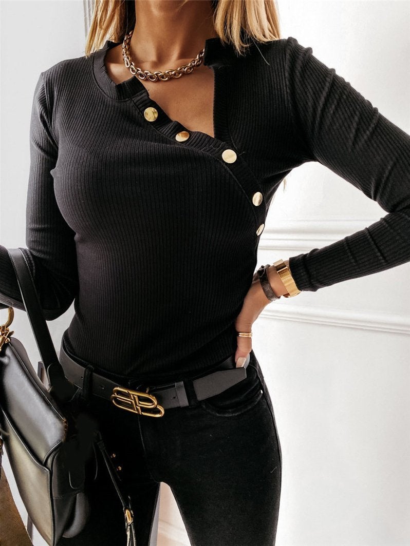 Women's T-Shirts Simple Long Sleeve V-Neck Button T-Shirt