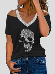 Women's T-Shirts Skull Hot Diamond V-Neck Off-Shoulder Short Sleeve T-Shirt