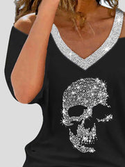 Women's T-Shirts Skull Hot Diamond V-Neck Off-Shoulder Short Sleeve T-Shirt