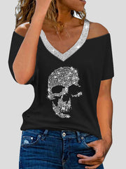 Women's T-Shirts Skull Hot Diamond V-Neck Off-Shoulder Short Sleeve T-Shirt