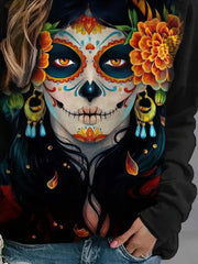 Women's T-Shirts Skull Print Round Neck Long Sleeve T-Shirts