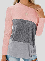 Women's T-Shirts Sloping Shoulder Contrast Twisted Long Sleeve T-Shirt