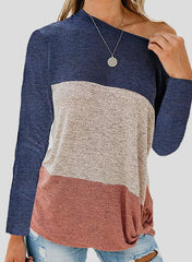 Women's T-Shirts Sloping Shoulder Contrast Twisted Long Sleeve T-Shirt
