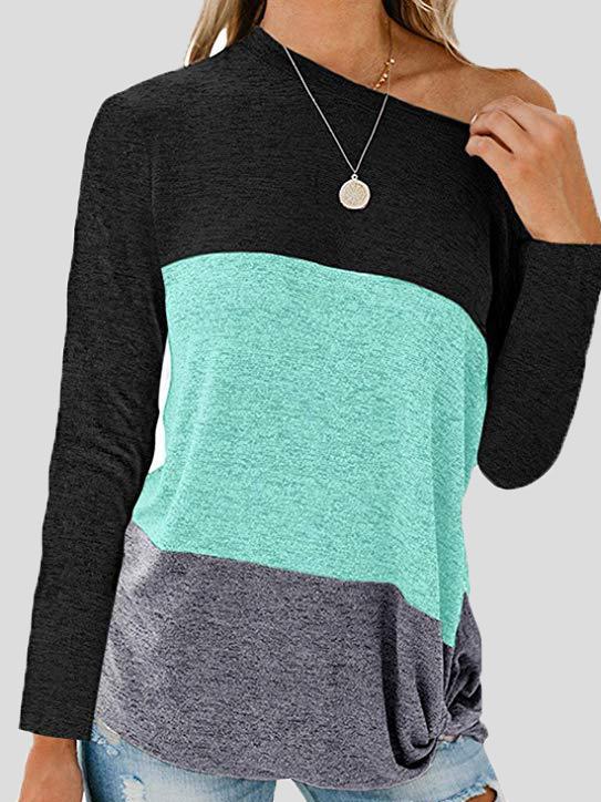 Women's T-Shirts Sloping Shoulder Contrast Twisted Long Sleeve T-Shirt