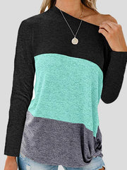 Women's T-Shirts Sloping Shoulder Contrast Twisted Long Sleeve T-Shirt