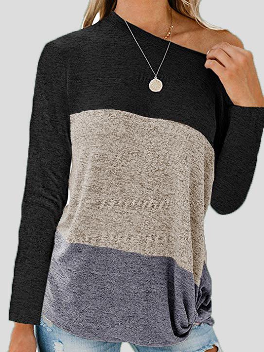 Women's T-Shirts Sloping Shoulder Contrast Twisted Long Sleeve T-Shirt