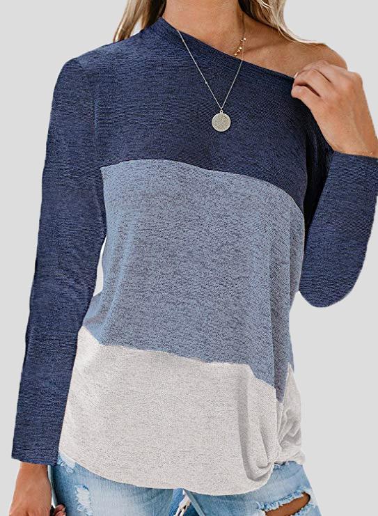 Women's T-Shirts Sloping Shoulder Contrast Twisted Long Sleeve T-Shirt