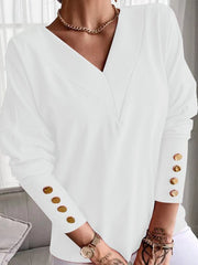 Women's T-Shirts Solid Color Buttoned Cuff V Neck Long Sleeve T-Shirt