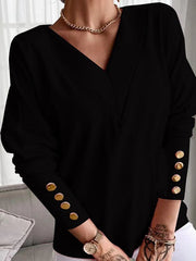 Women's T-Shirts Solid Color Buttoned Cuff V Neck Long Sleeve T-Shirt