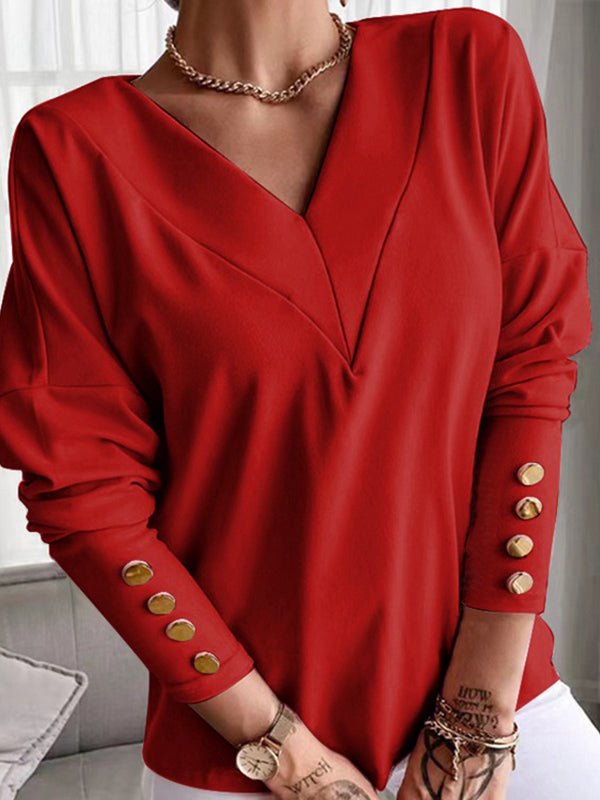Women's T-Shirts Solid Color Buttoned Cuff V Neck Long Sleeve T-Shirt