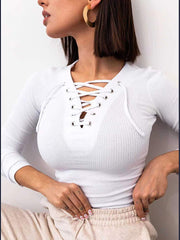Women's T-Shirts Solid Color Long Sleeve V-Neck Knitted Sexy T-Shirt