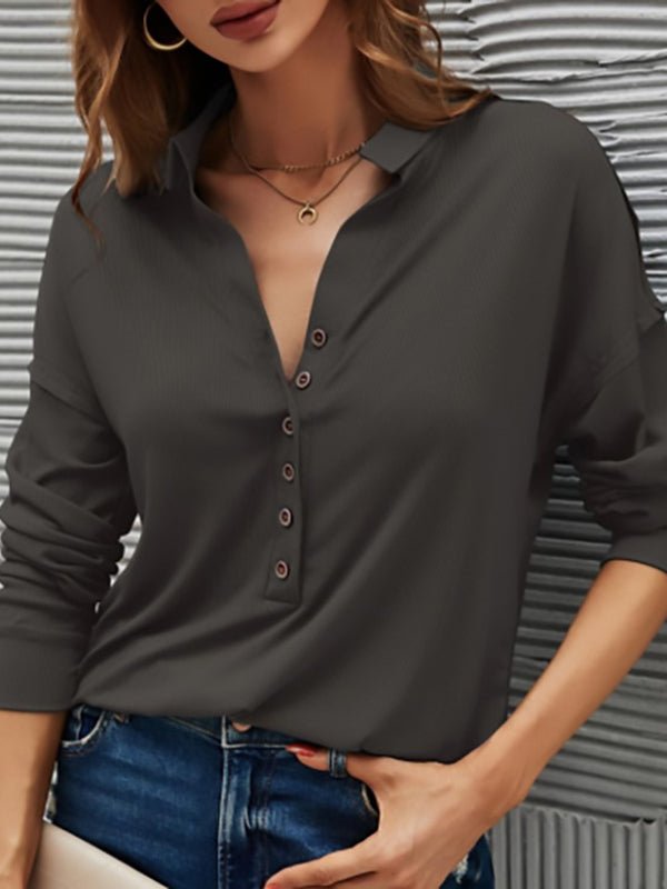 Women's T-Shirts Solid Color V Neck Long Sleeve Button T-Shirt