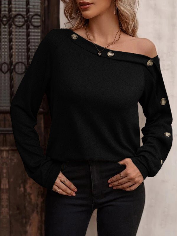 Women's T-Shirts Solid Diagonal Neck Button Long Sleeve T-Shirts