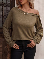 Women's T-Shirts Solid Diagonal Neck Button Long Sleeve T-Shirts