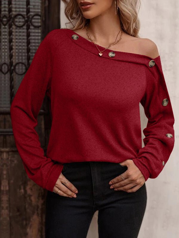 Women's T-Shirts Solid Diagonal Neck Button Long Sleeve T-Shirts
