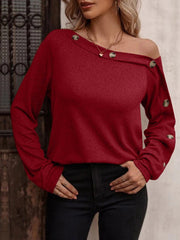 Women's T-Shirts Solid Diagonal Neck Button Long Sleeve T-Shirts