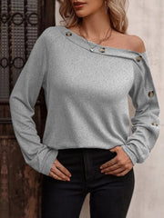 Women's T-Shirts Solid Diagonal Neck Button Long Sleeve T-Shirts