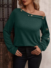 Women's T-Shirts Solid Diagonal Neck Button Long Sleeve T-Shirts