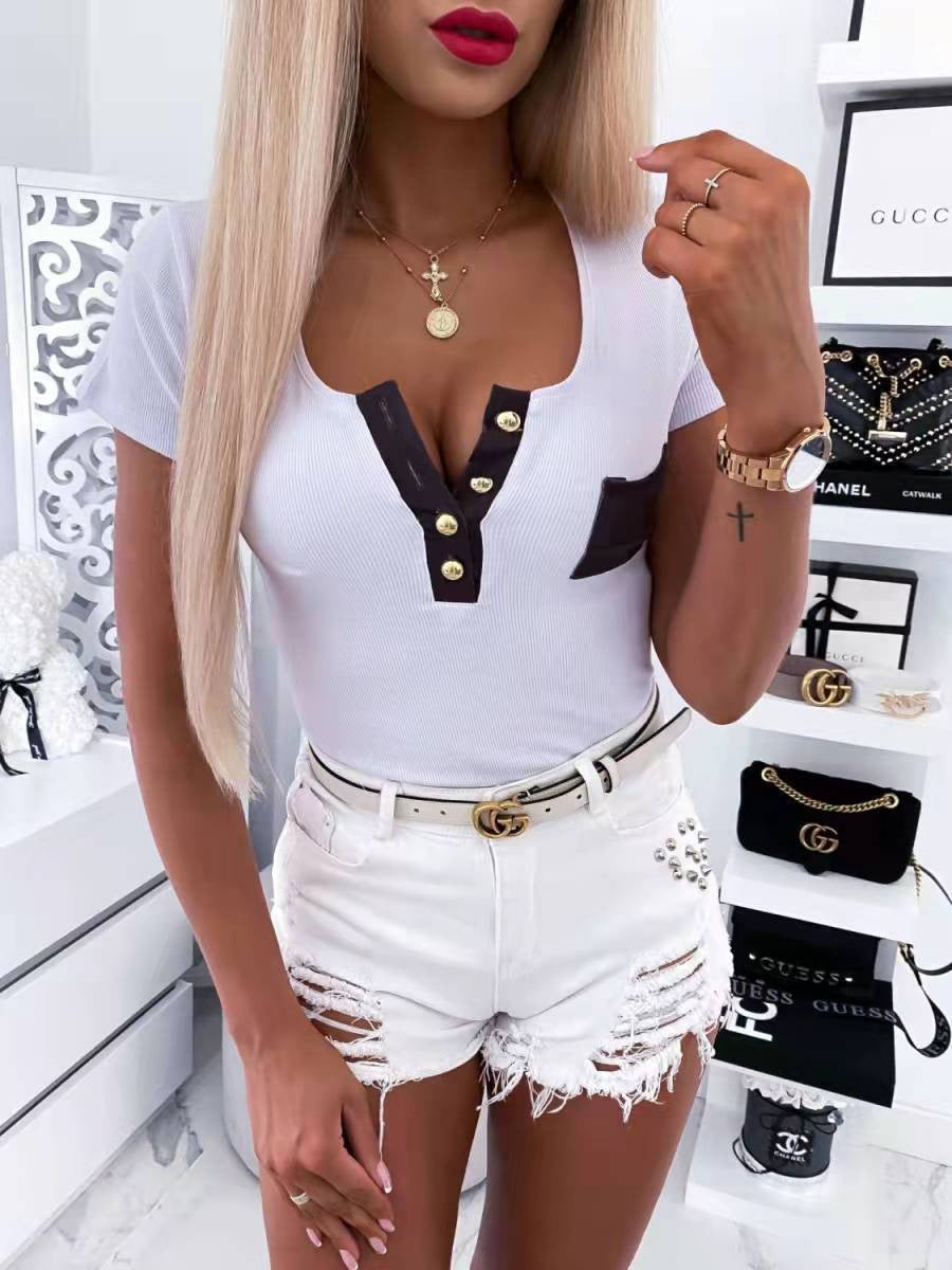 Women's T-Shirts Solid Fashion Button Pocket Short Sleeve T-Shirt