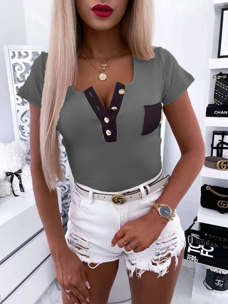 Women's T-Shirts Solid Fashion Button Pocket Short Sleeve T-Shirt