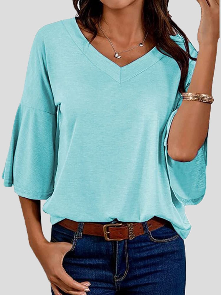 Women's T-Shirts Solid V-Neck Flared Sleeve T-Shirt