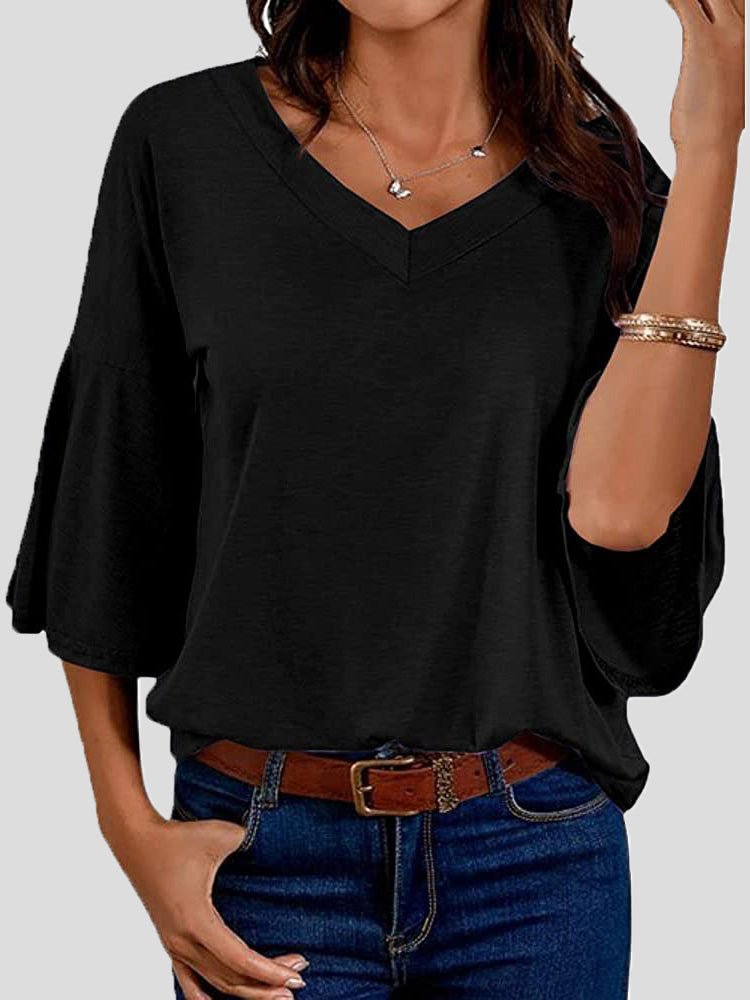 Women's T-Shirts Solid V-Neck Flared Sleeve T-Shirt