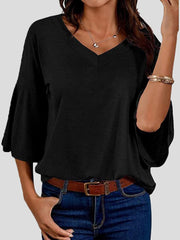 Women's T-Shirts Solid V-Neck Flared Sleeve T-Shirt