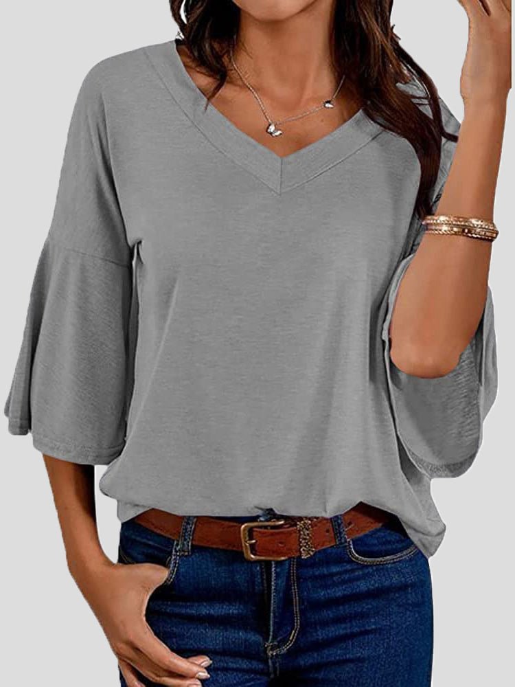 Women's T-Shirts Solid V-Neck Flared Sleeve T-Shirt