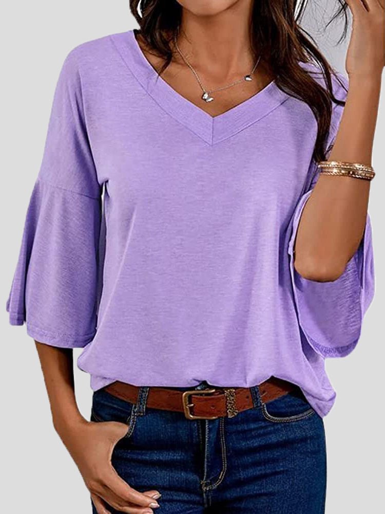 Women's T-Shirts Solid V-Neck Flared Sleeve T-Shirt