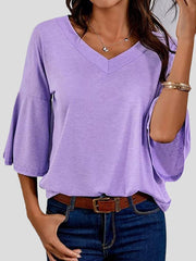 Women's T-Shirts Solid V-Neck Flared Sleeve T-Shirt