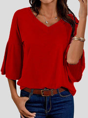 Women's T-Shirts Solid V-Neck Flared Sleeve T-Shirt