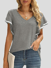 Women's T-Shirts Solid V-Neck Lace Ruffle Sleeve T-Shirt