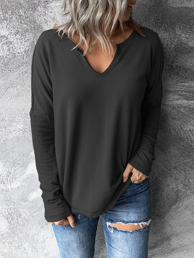 Women's T-Shirts Solid V-Neck Long Sleeve T-Shirt