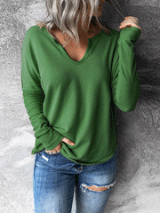 Women's T-Shirts Solid V-Neck Long Sleeve T-Shirt