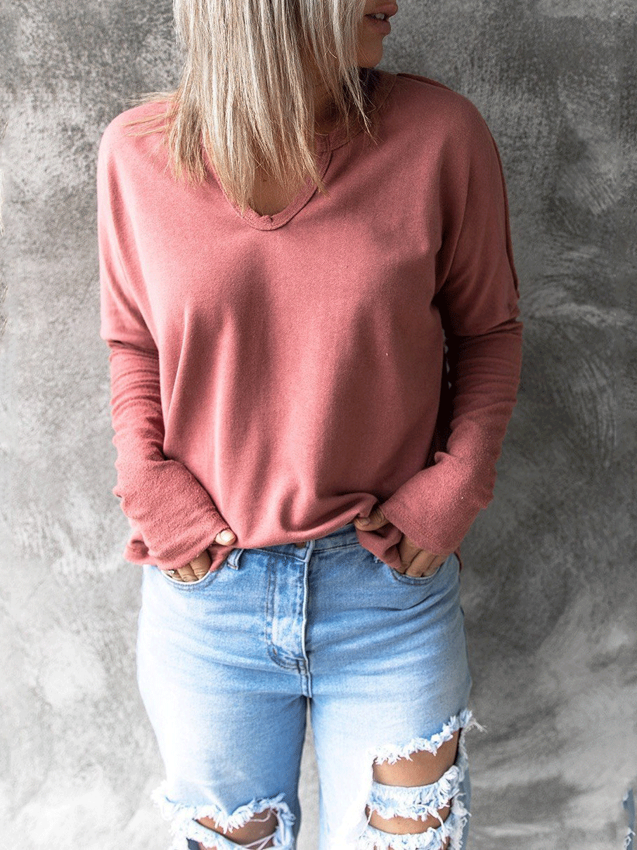 Women's T-Shirts Solid V-Neck Long Sleeve T-Shirt