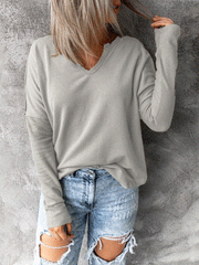 Women's T-Shirts Solid V-Neck Long Sleeve T-Shirt