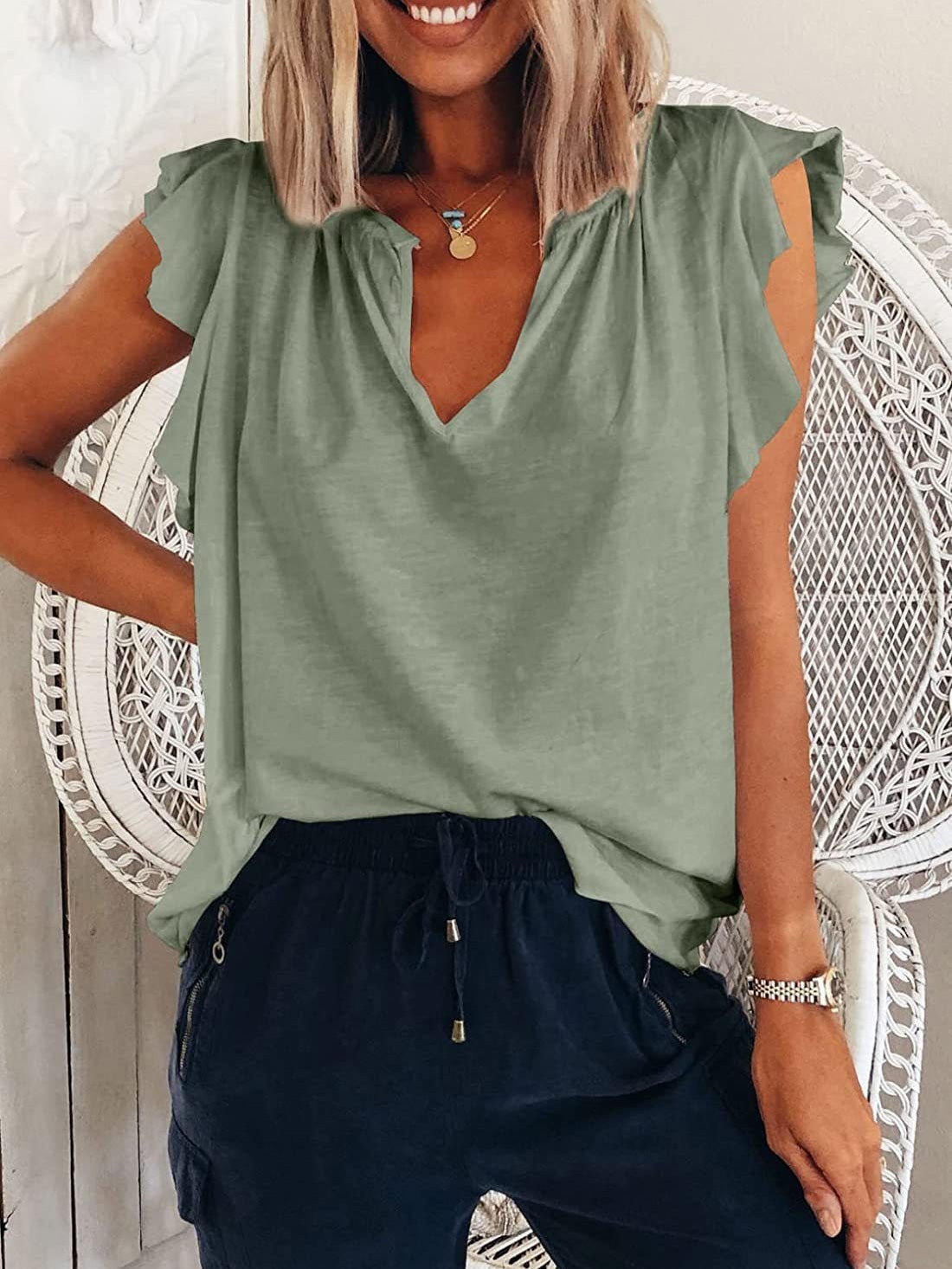 Women's T-Shirts Solid V-Neck Ruffle Short Sleeve T-Shirt