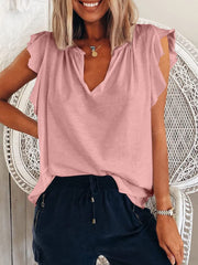 Women's T-Shirts Solid V-Neck Ruffle Short Sleeve T-Shirt